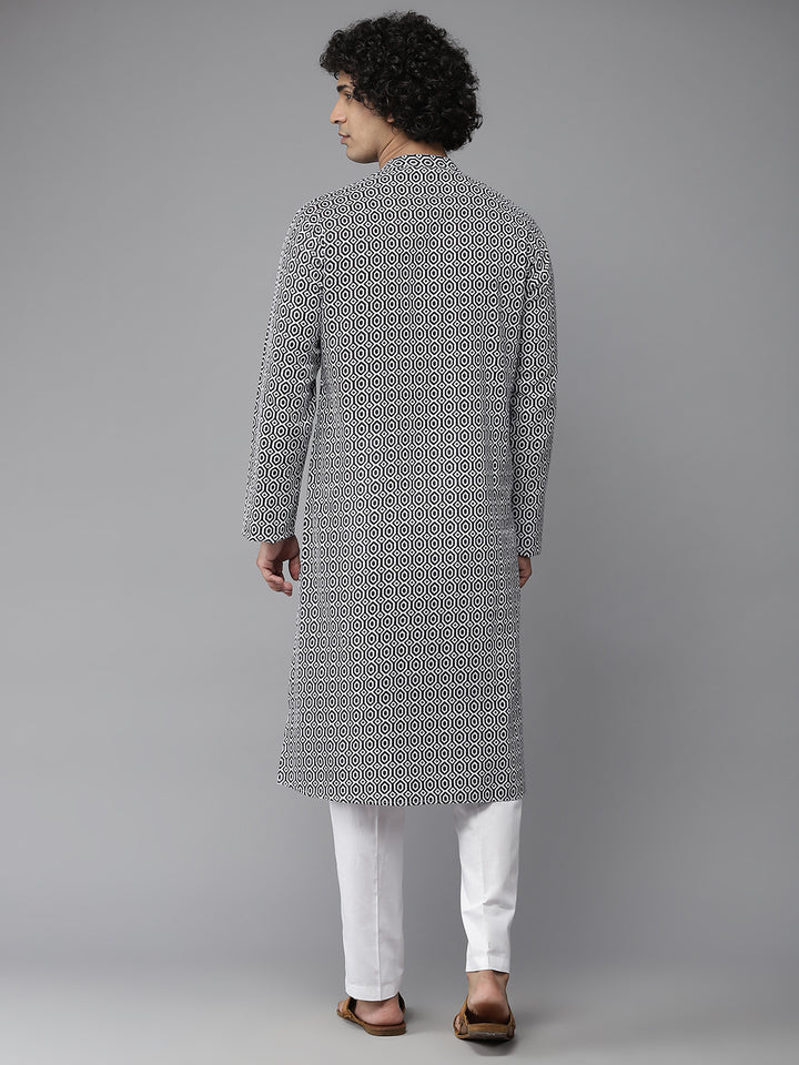 Men Navy Blue-Coloured And White Printed Pure Cotton Straight Kurta With Pyjama