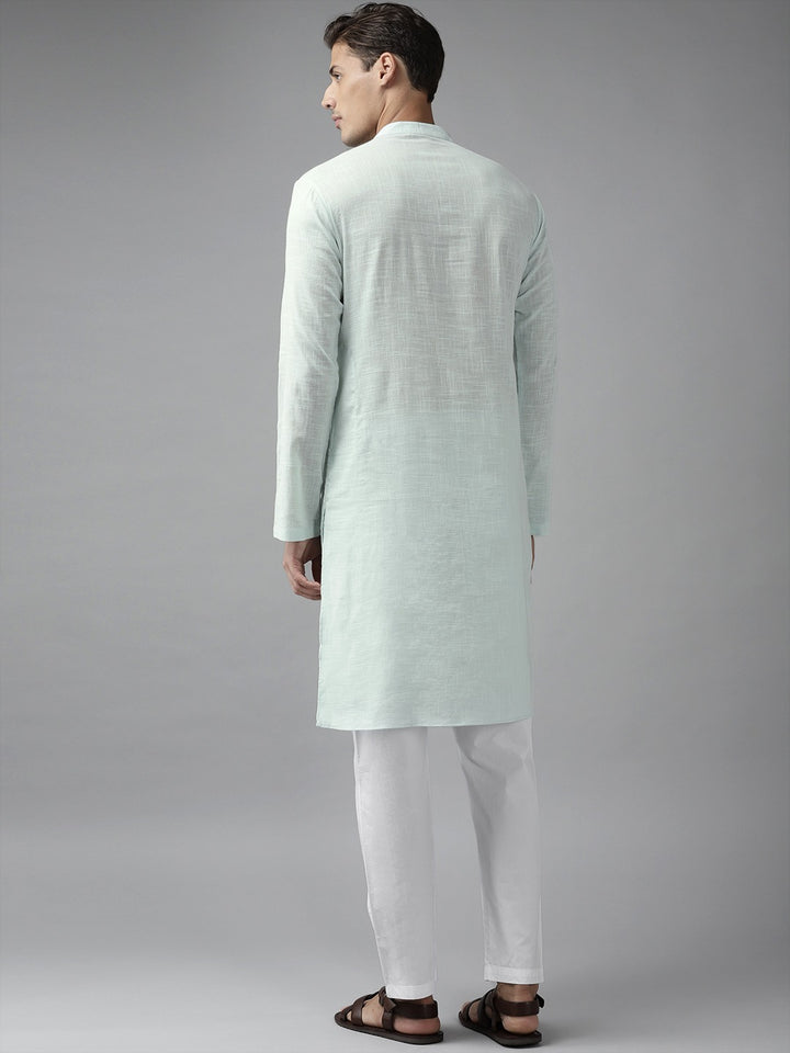 Men Sky Blue Cotton Slub Straight Kurta with Pyjama