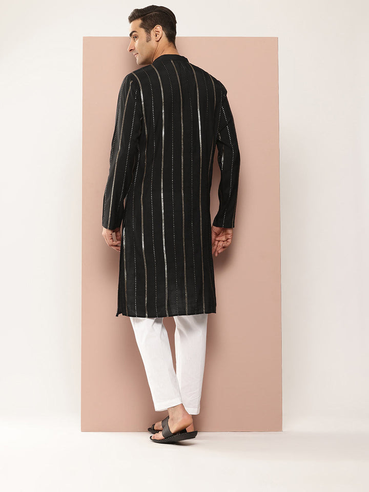 Men's Black Sequined & Embroidered Pure Chanderi Silk Straight Kurta