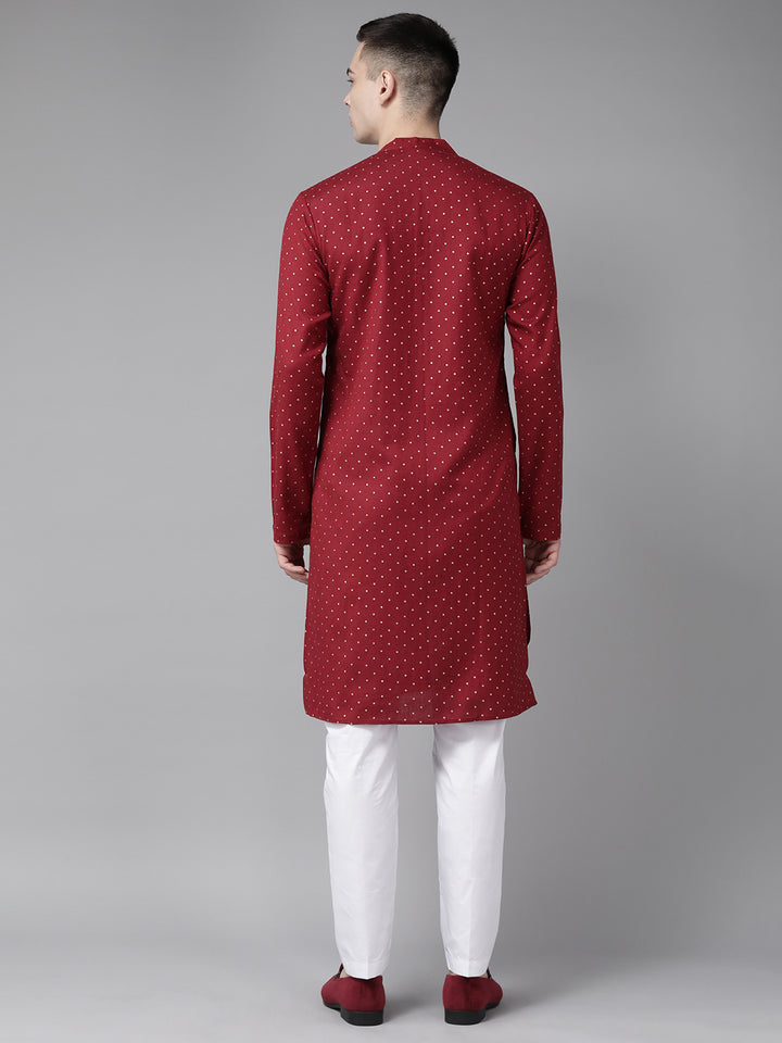Men Maroon & Gold Printed Straight Kurta With Pyjama