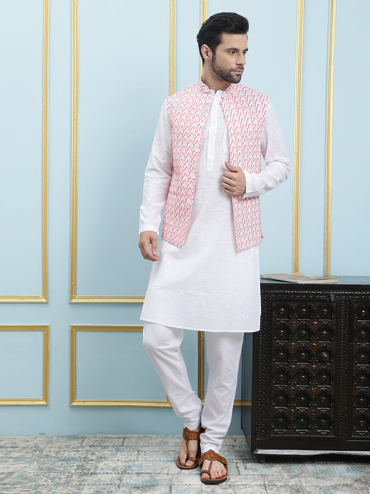 Pure Cotton Straight Kurta & Pyjama with Embroidered Nehru Jacket