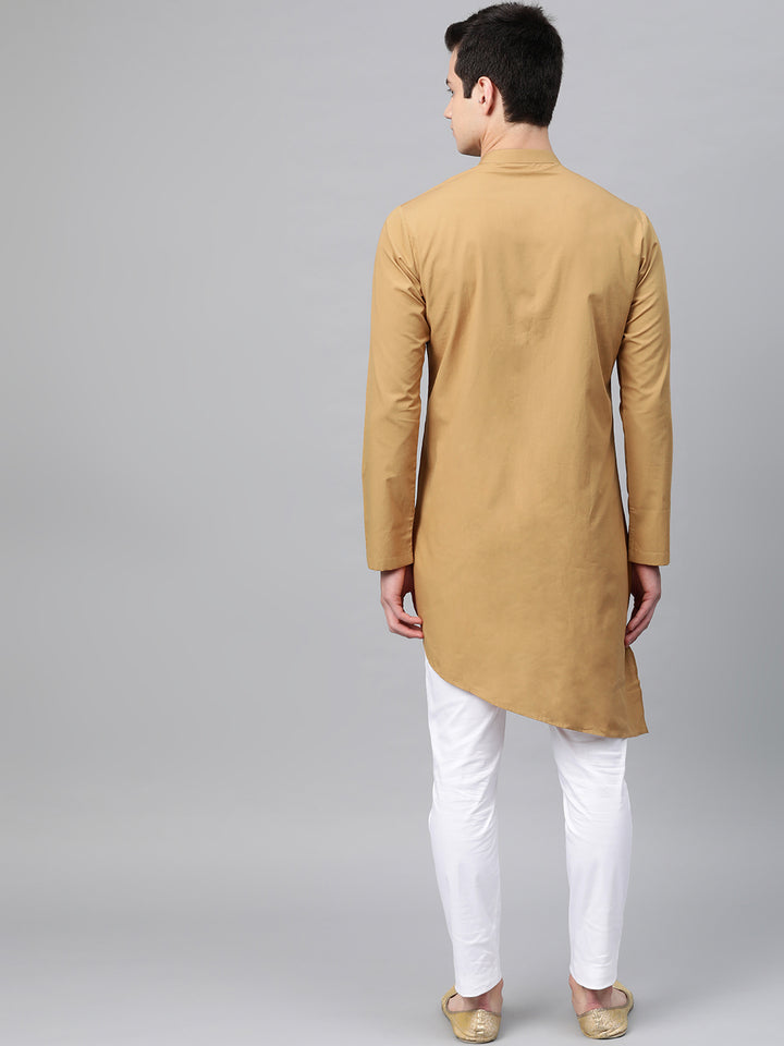 Khaki Solid Straight Kurta With Yoke Thread Work