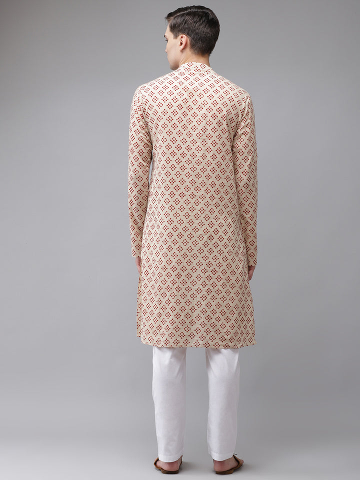 Men Beige And Maroon Hand Block Print Sustainable Straight Kurta