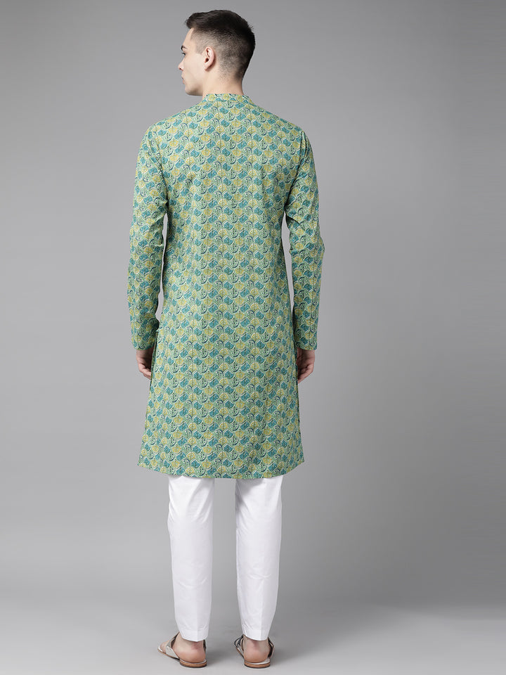 Multi Green Pure Cotton Straight Kurta With Pyjama