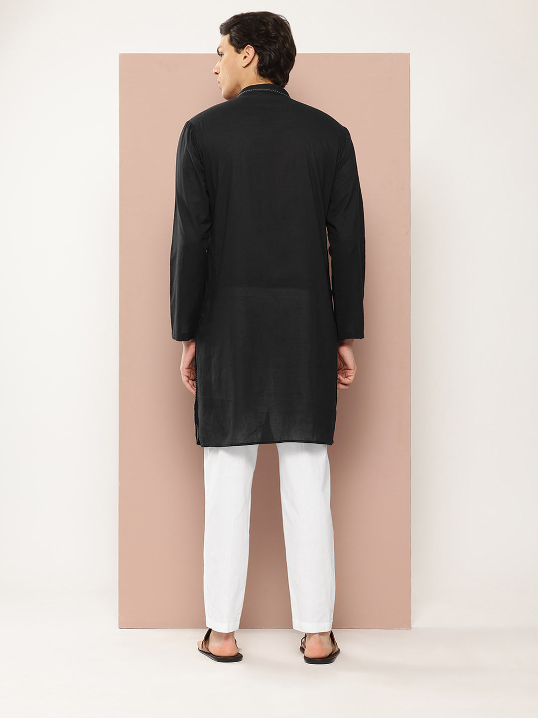 Men's Black Threadwork Embellished Pure Cotton Straight Kurta