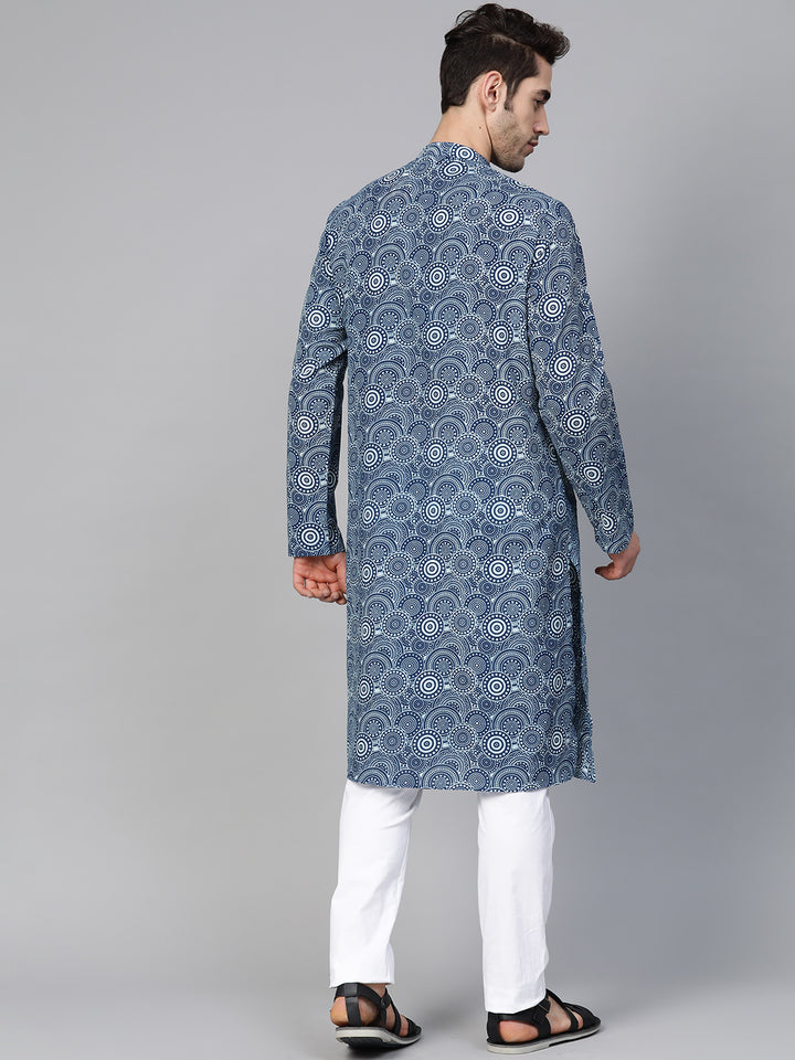 Men Blue Indigo Hand Block Print Straight Sustainable Kurta With Pyjama