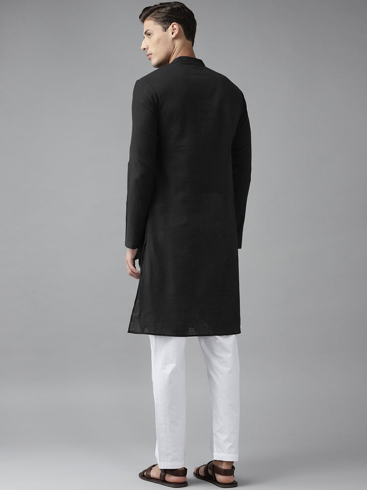 Men Black Cotton Slub Straight Kurta with Pyjama
