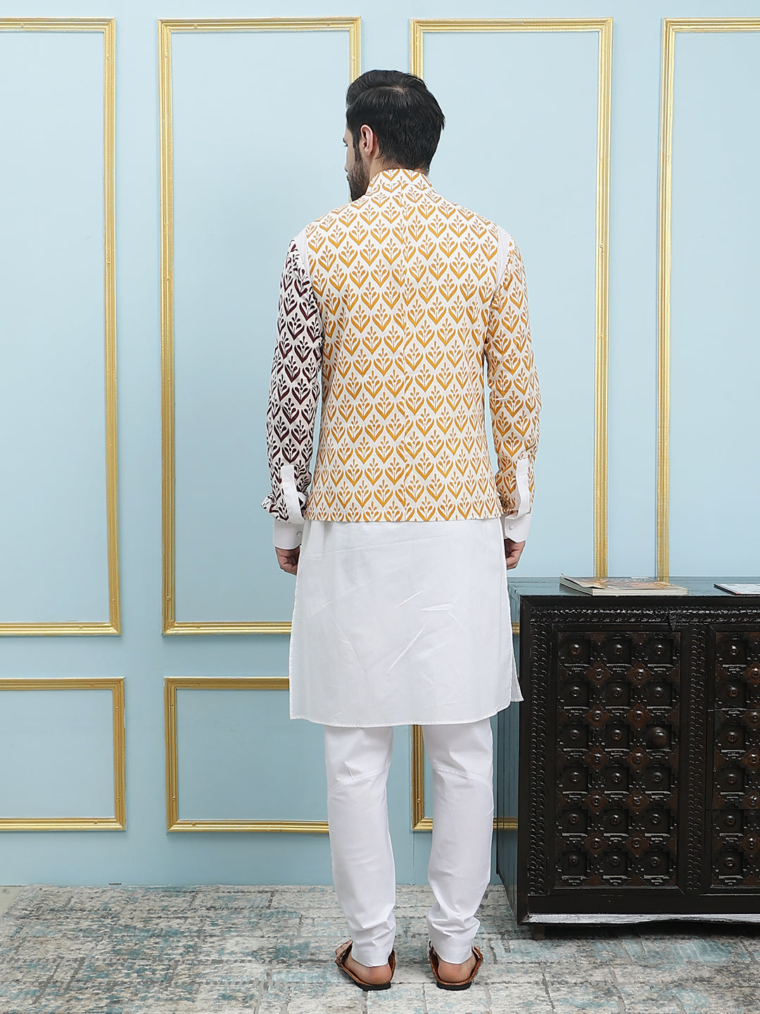 Printed Pure Cotton Straight Kurta & Pyjama with Printed Nehru Jacket