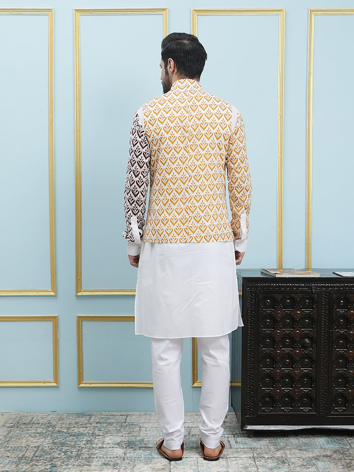 Printed Pure Cotton Straight Kurta & Pyjama with Printed Nehru Jacket