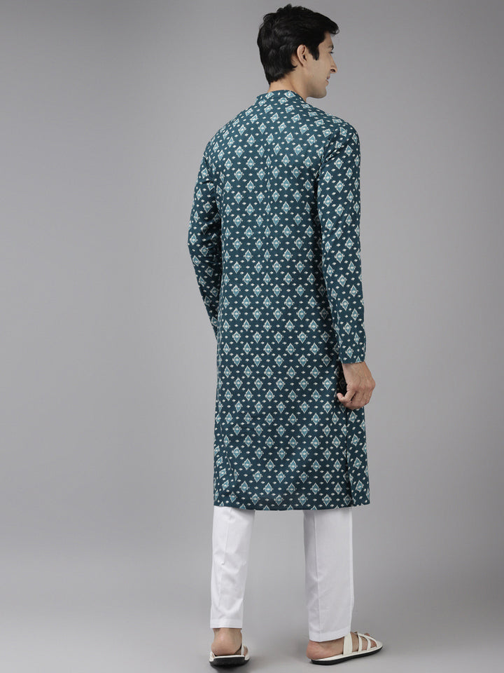 Men Teal Blue And Off White Printed Straight Kurta