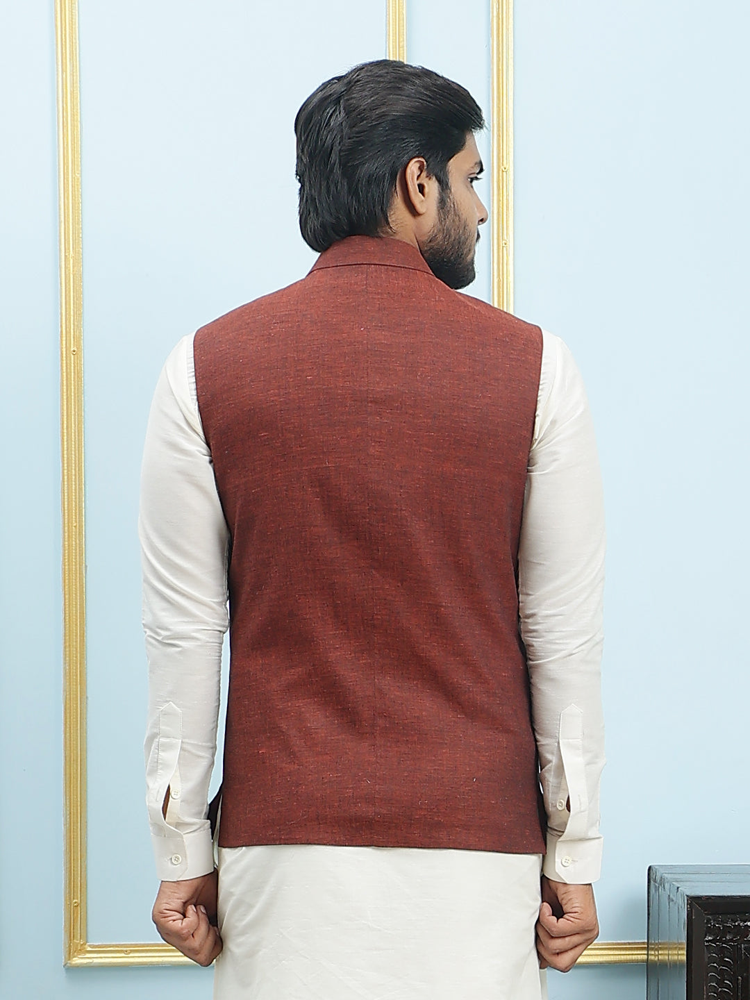 Solid Woven Silk Nehru Jacket