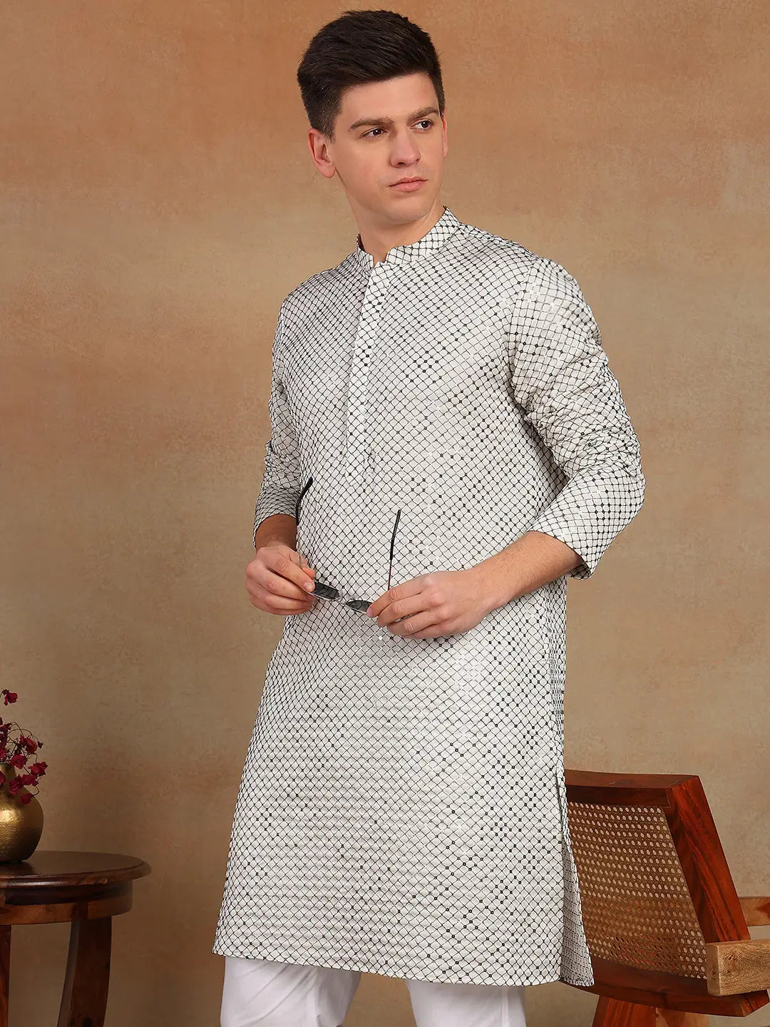 Men White Sequins Embroidered Straight Kurta with Pyjama – White