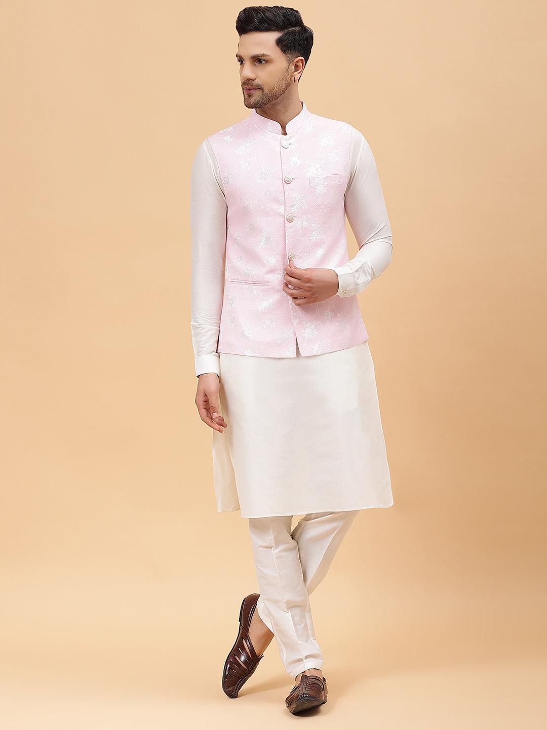 Pure Silk Kurta & Pyjama with Woven Jacquard Nehru Jacket