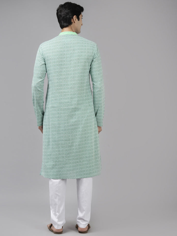 Men Green And White Printed Pure Cotton Straight Kurta