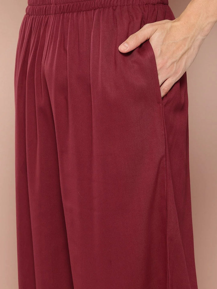 Men's Maroon Rayon Solid Pathani Set