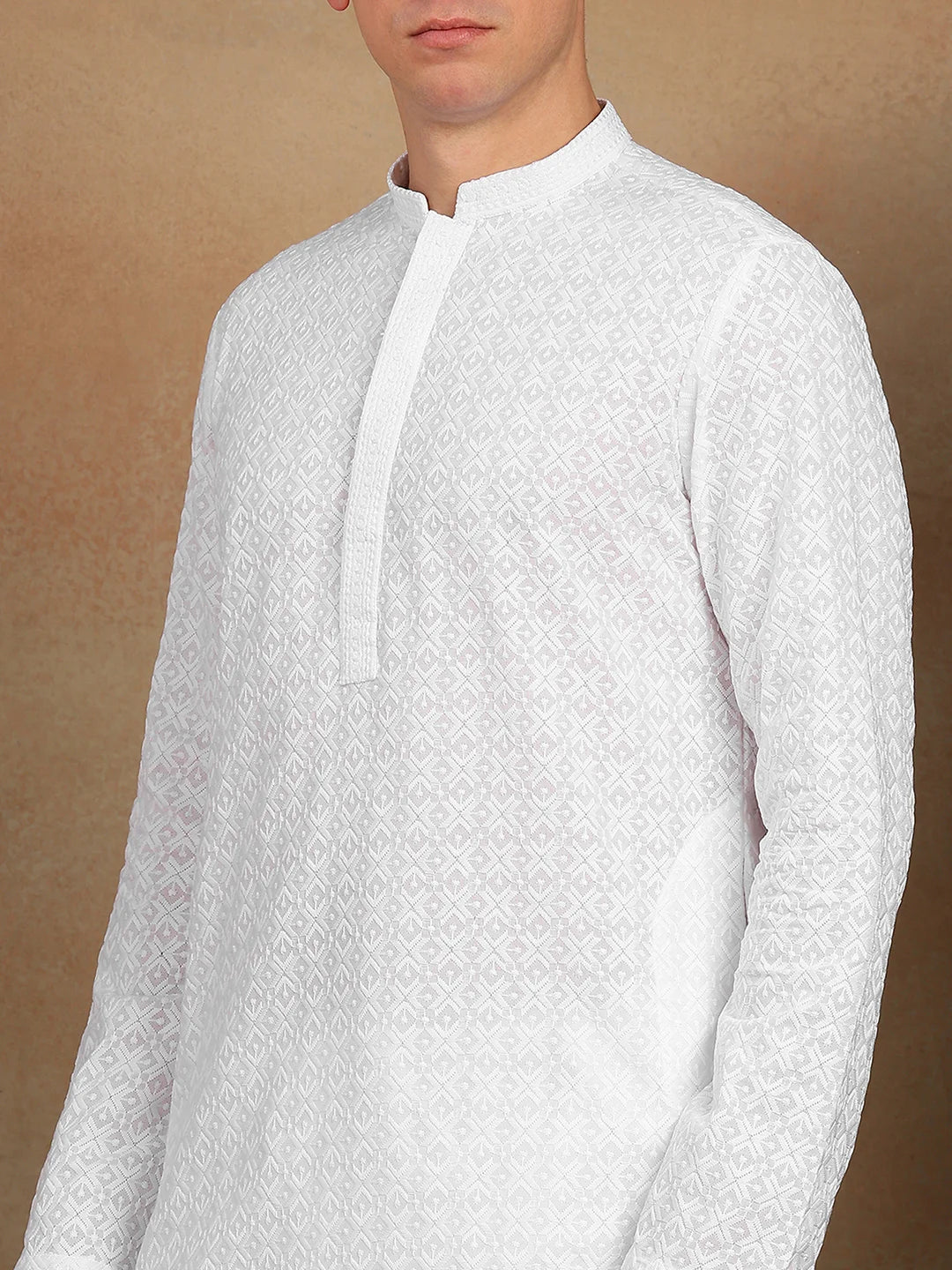 Men White Chikankari Embroidered Straight Kurta with Salwar