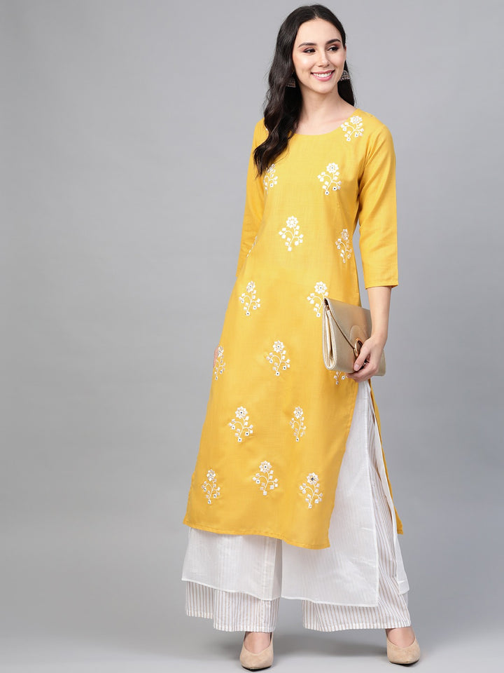 Women Yellow And White Embroidered Straight Kurta