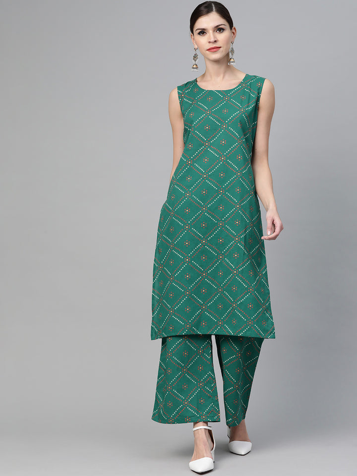 Green Floral Printed Double Layered Kurta With Palazzo Set