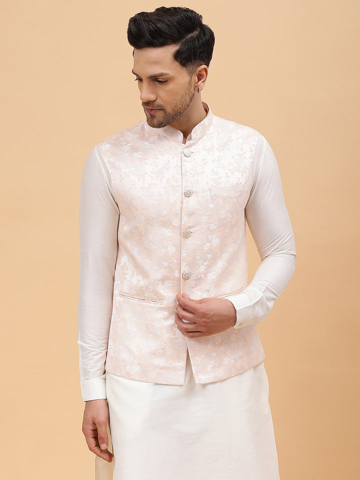 Pure Silk Kurta & Pyjama with Woven Jacquard Nehru Jacket