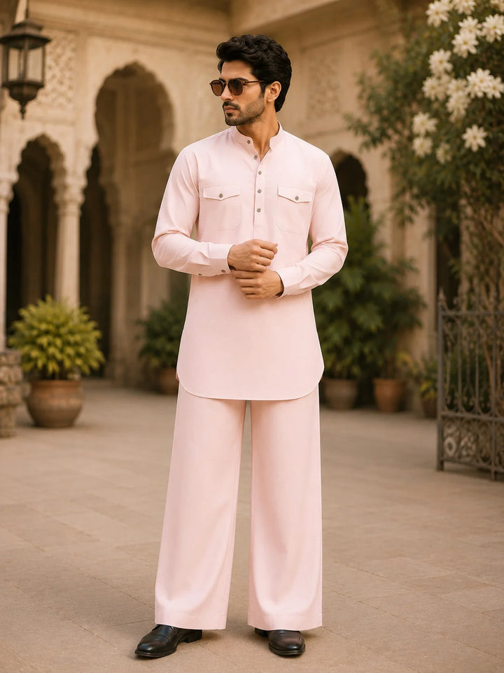 Men's Pink Rayon Solid Pathani Set