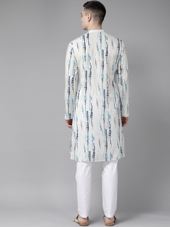 Men White Multi Tie and dye Print Design Straight Kurta With Pajama