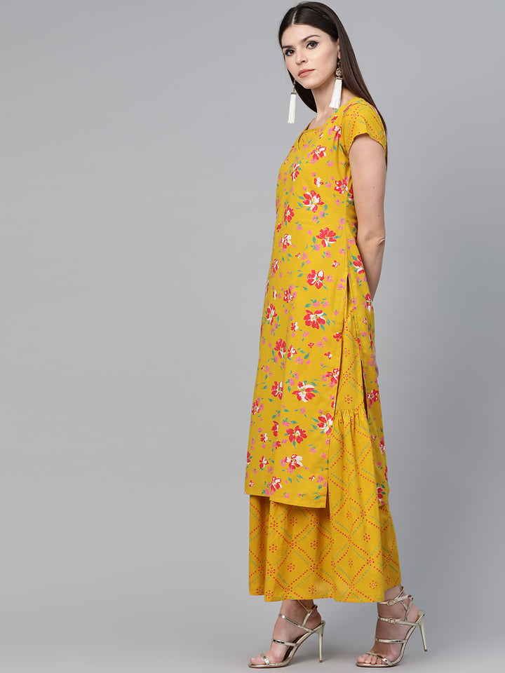 Mustard & Red Floral Printed Double Layered Maxi Dress