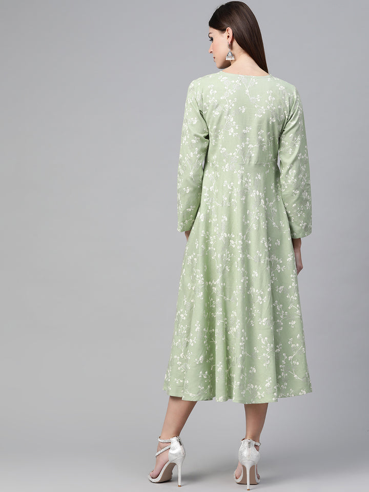 Pastel Green & White Khari Printed Flared Dress