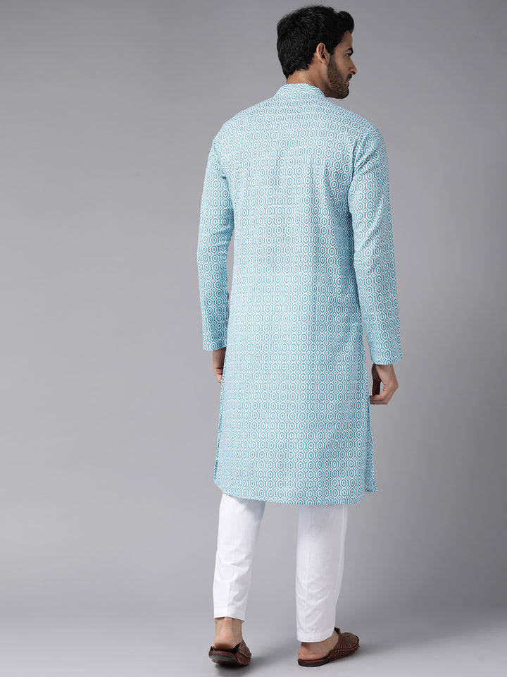Men Blue-Coloured & White Printed Pure Cotton Straight Kurta With Pyjama