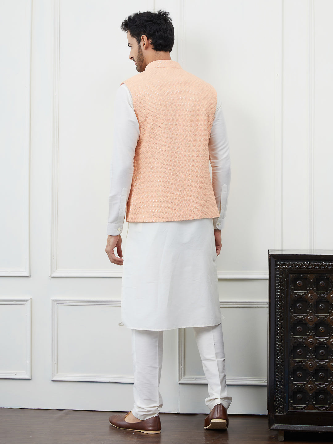 Pure Cotton Straight Kurta & Pyjama with Sequins Embroidered Nehru Jacket