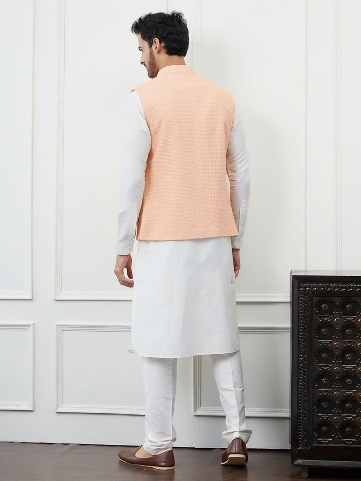 Pure Cotton Straight Kurta & Pyjama with Sequins Embroidered Nehru Jacket