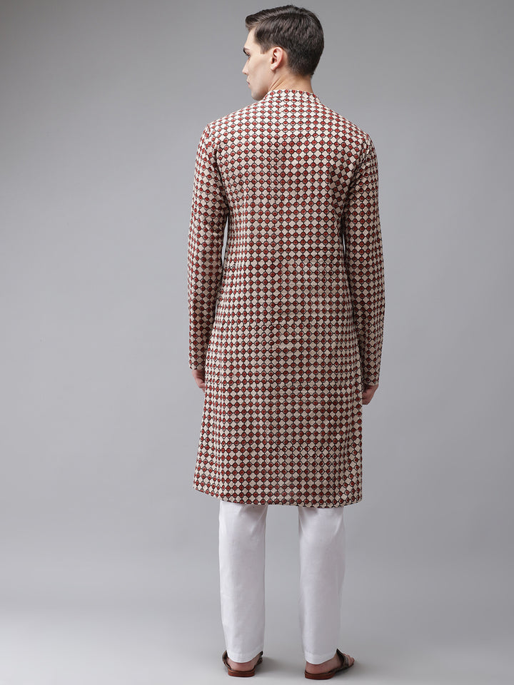 Men Beige And Maroon Hand Block Print Sustainable Straight With Kurta Pyjama