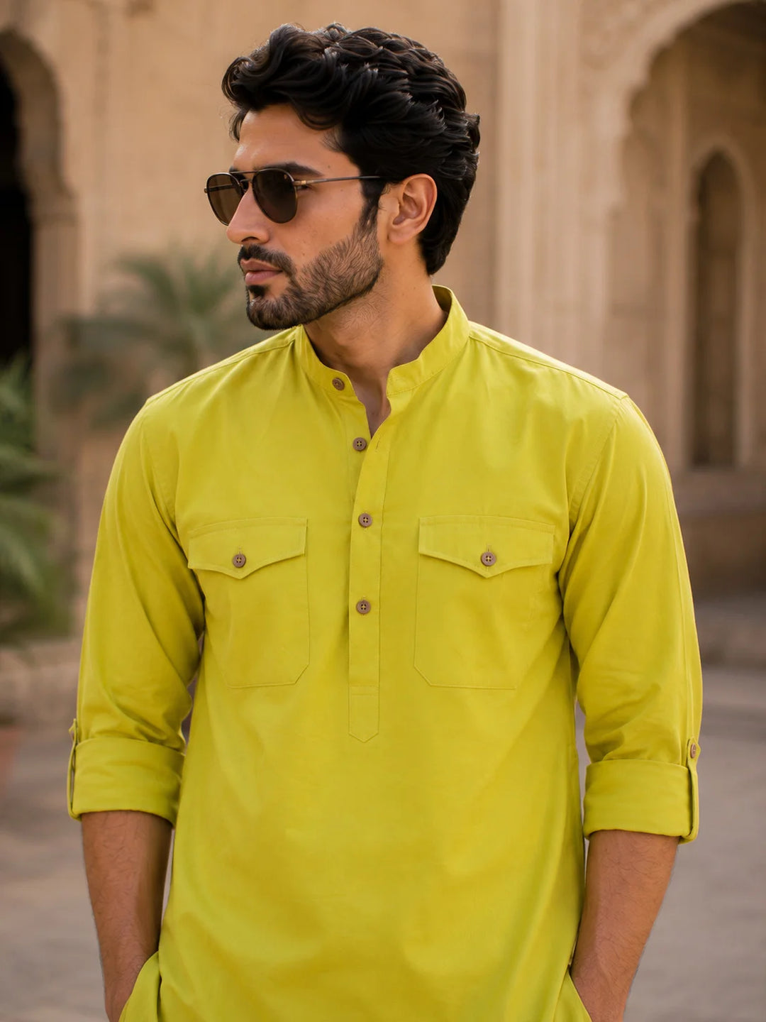 Men's Lime Green Rayon Solid Pathani Set