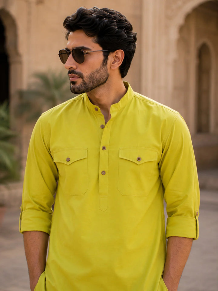 Men's Lime Green Rayon Solid Pathani Set