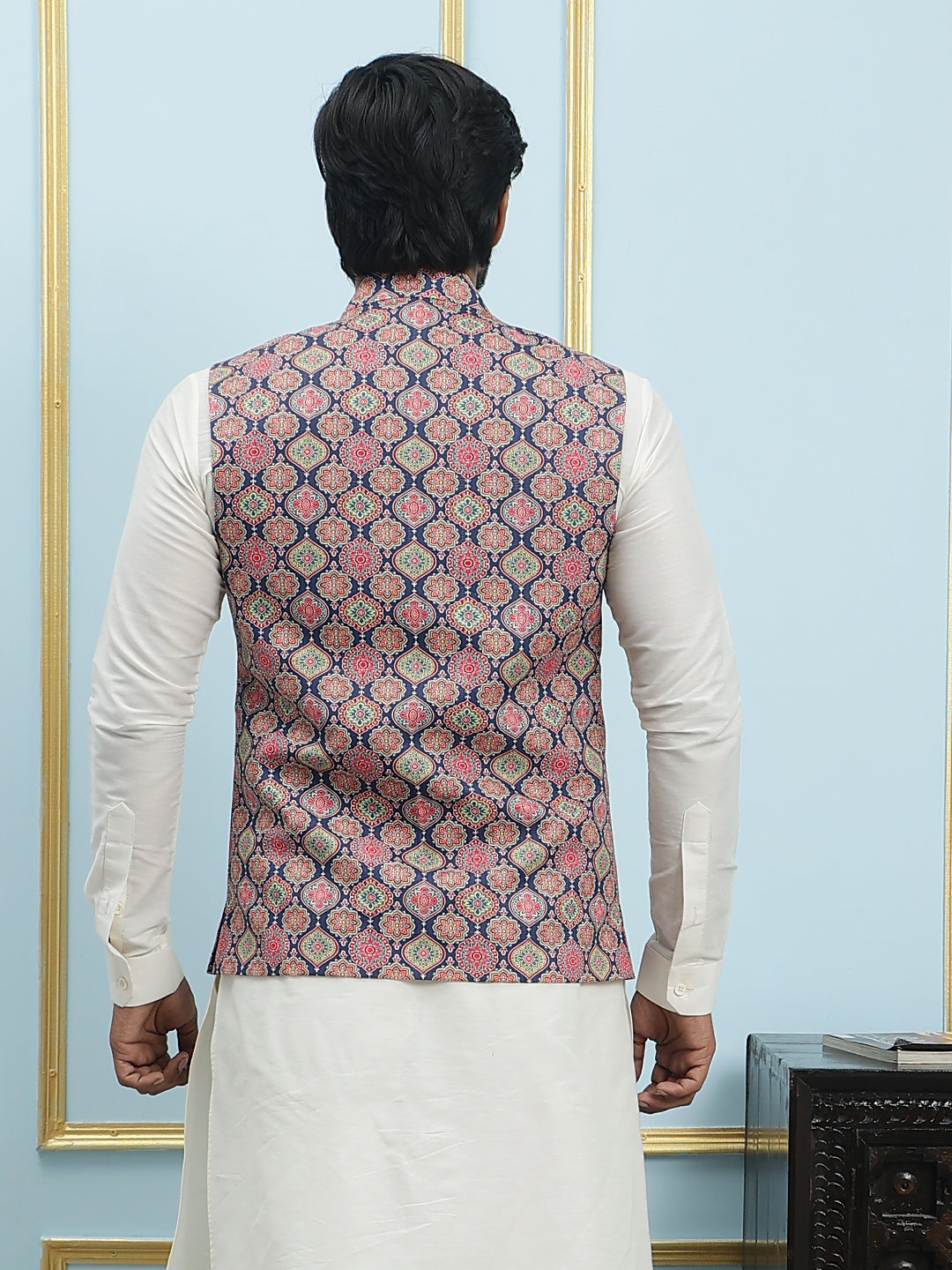 Pure Silk Straight Kurta & Pyjama Set with Printed Cotton Nehru Jacket