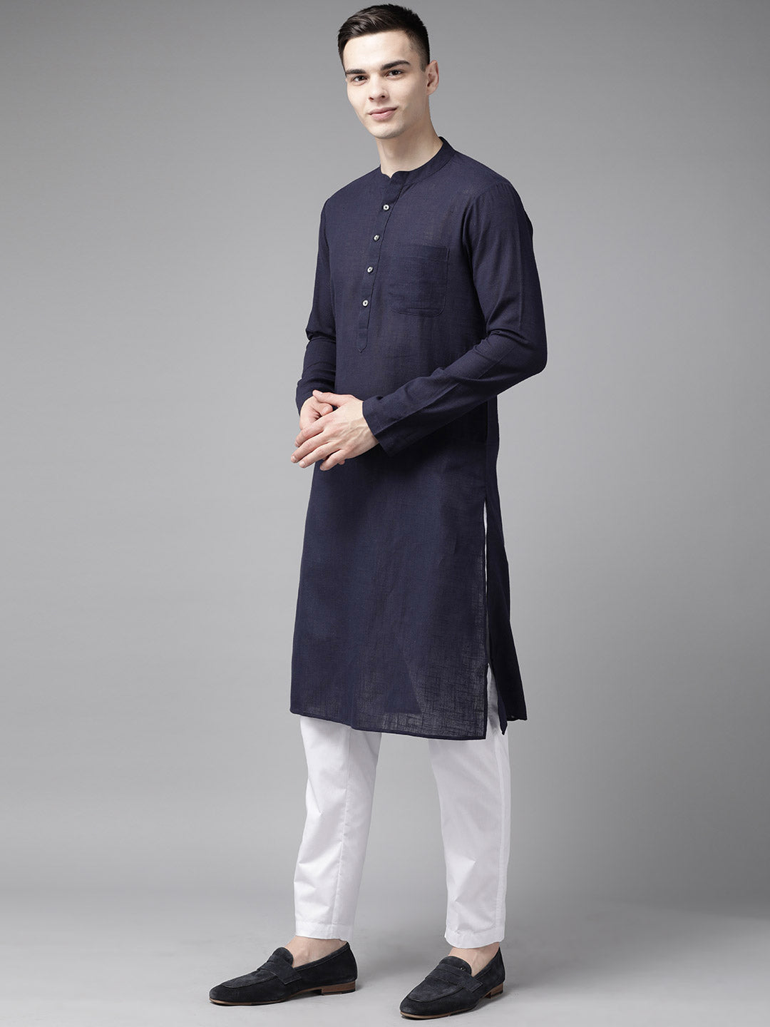 Men Blue And Beige Printed Pure Cotton Kurta Pajama With Neharu jacket