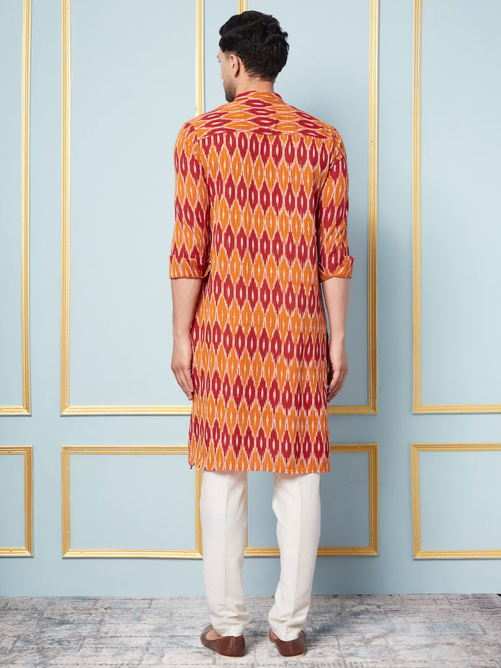 Orange Ikat Printed Kurta With Pyjama