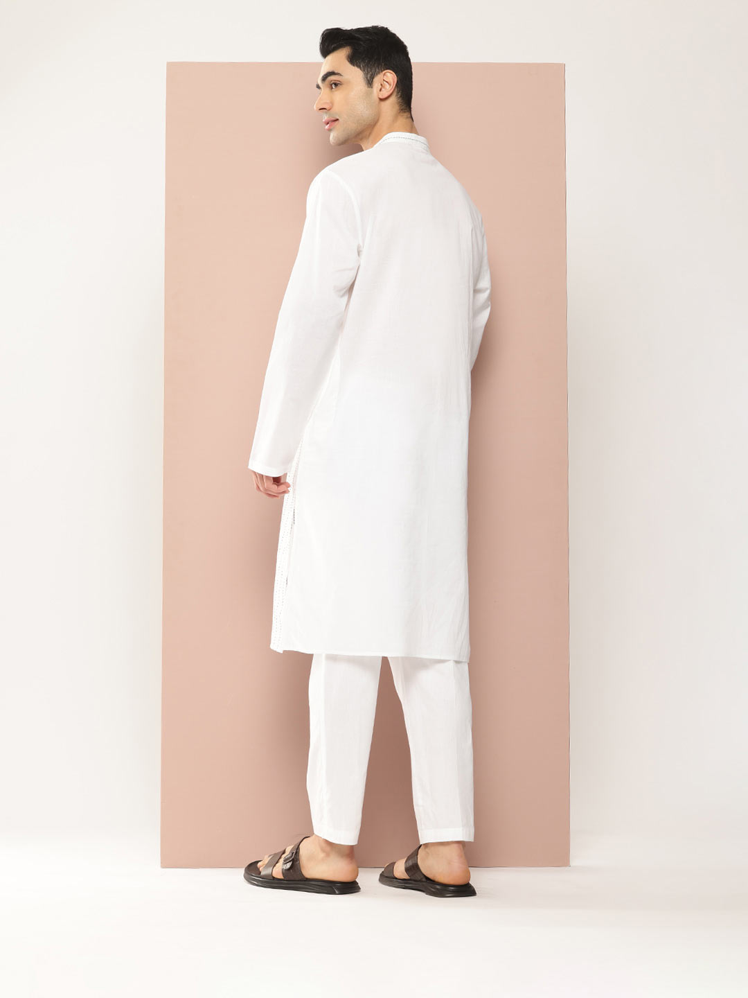 Men's White Cotton Pintex Design Threadwork Kurta