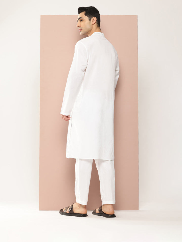 Men's White Cotton Pintex Design Threadwork Kurta