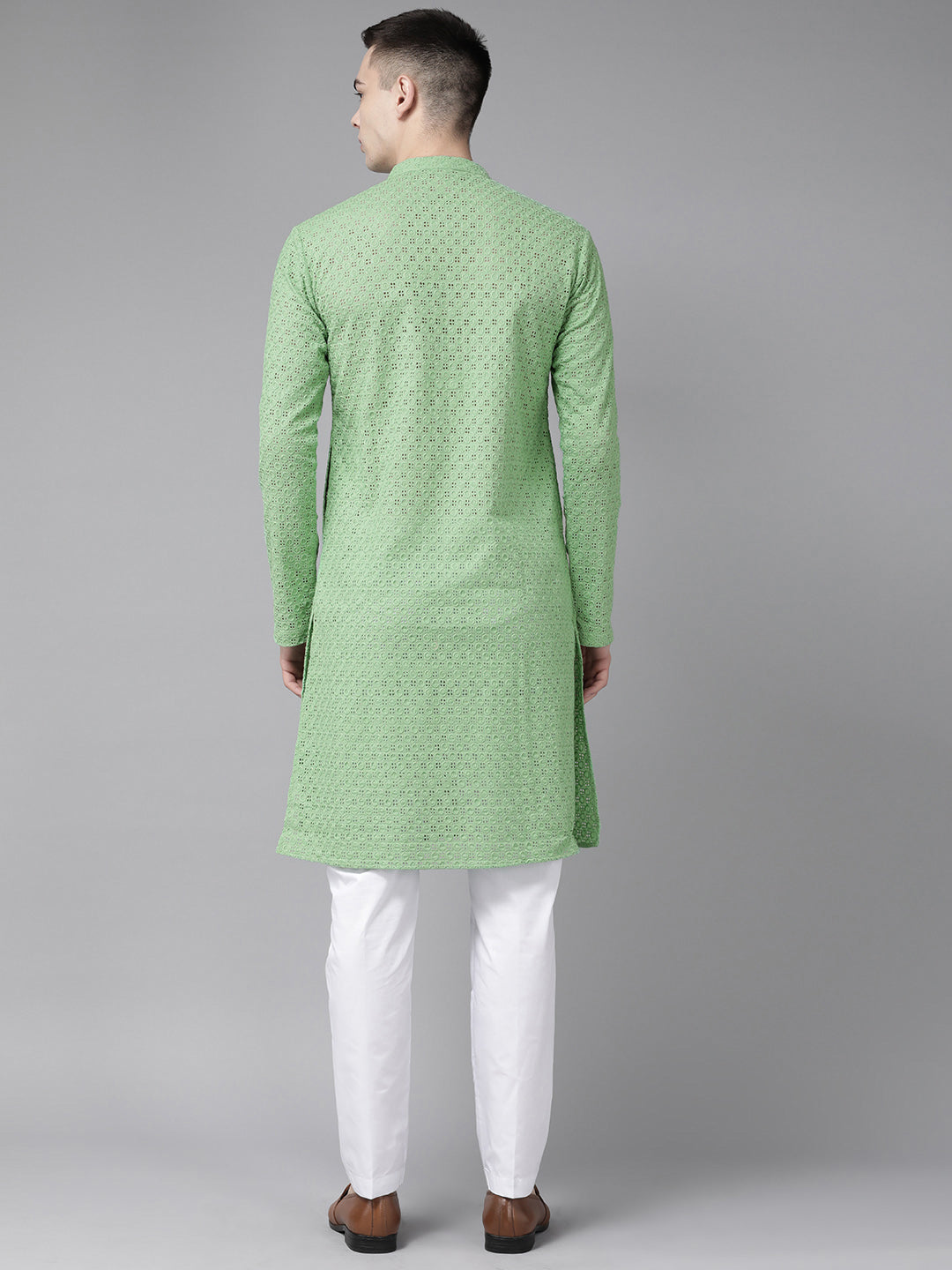 Men Green Pure Cotton Chikankari Embroidered Straight Kurta