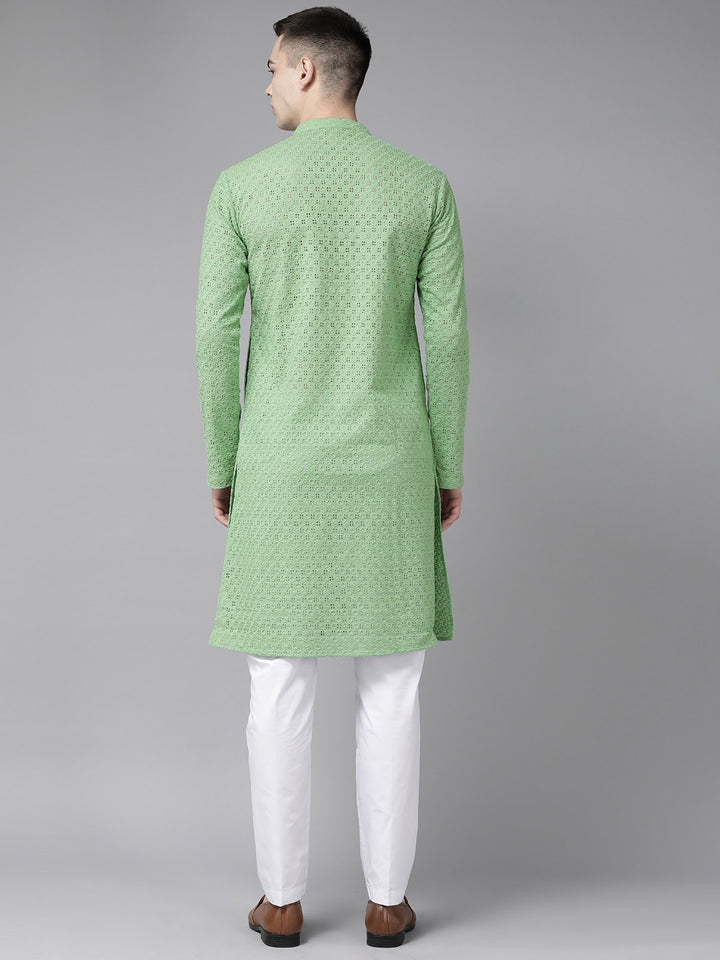 Men Green Pure Cotton Chikankari Embroidered Straight Kurta