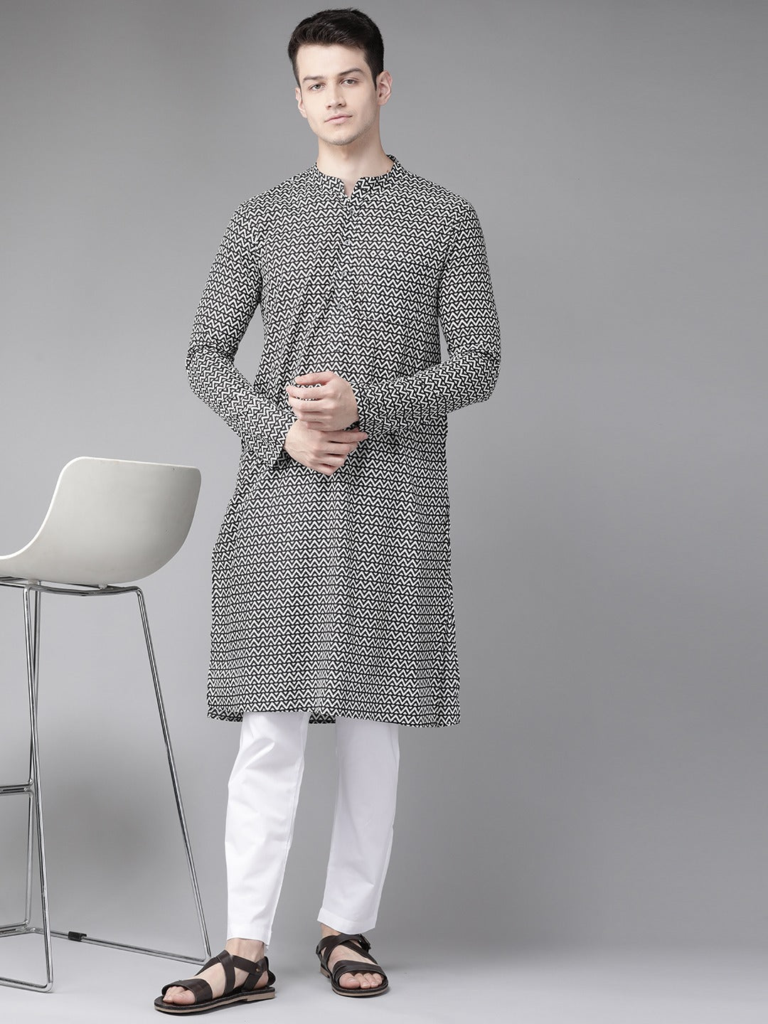 Black And White Printed Straight Kurta Design