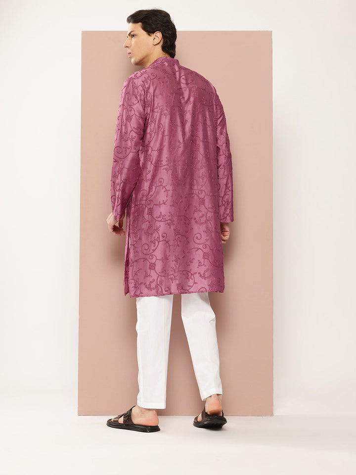 Men's Magenta Embroidered Thread Work Chanderi Silk Straight Kurta