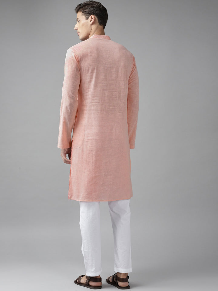 Men Light Pink Cotton Slub Straight Kurta with Pyjama