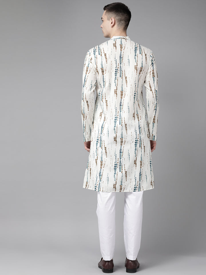 Men White Multi Tie and dye Print Design Straight Kurta