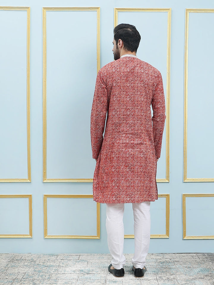Printed Pure Cotton Straight Kurta with Embroidered Neck Design