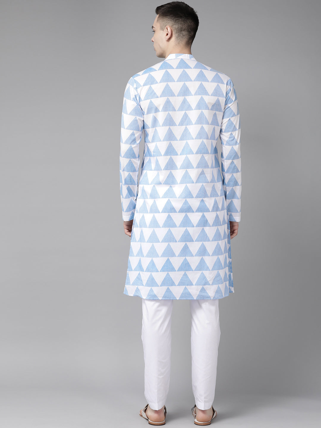 Men White & Blue Stripe Printed Straight Kurta