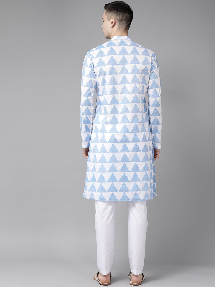 Men White & Blue Stripe Printed Straight Kurta