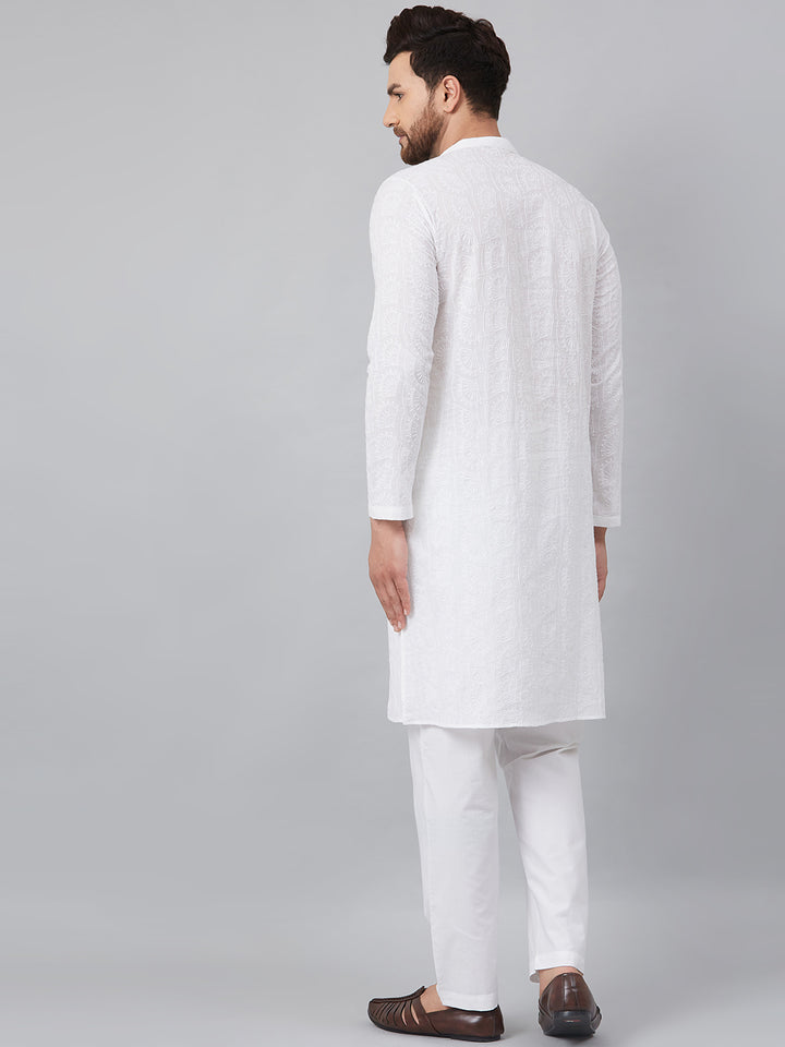 Men White Chikankari Embroidered Woven Design Straight Kurta