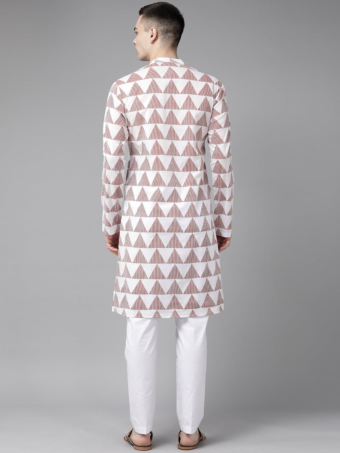Men White & Maroon Stripe Printed Straight Kurta