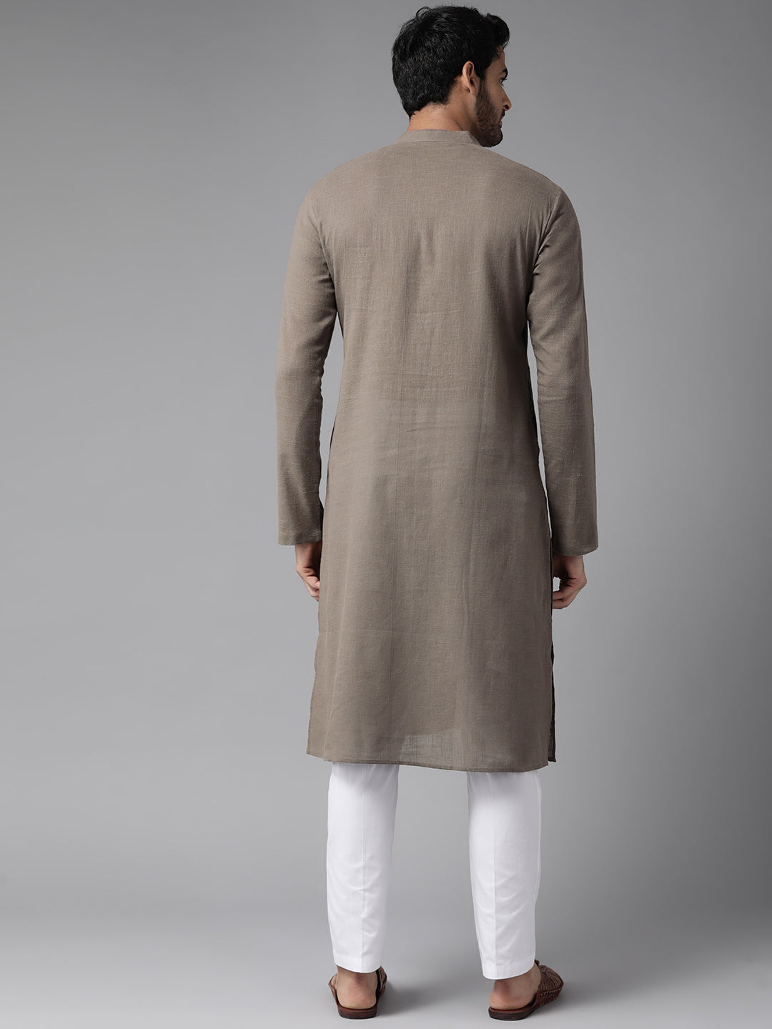 Men Light Brown Cotton Slub Straight kurta with Pyjama